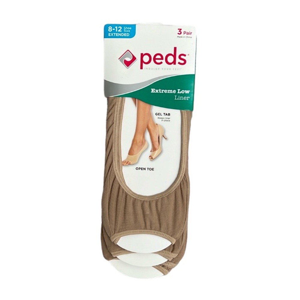 Peds 3-Pair Extended Size 8-12 Women's Open Toe Extreme Low Liner Gel Tab Nude